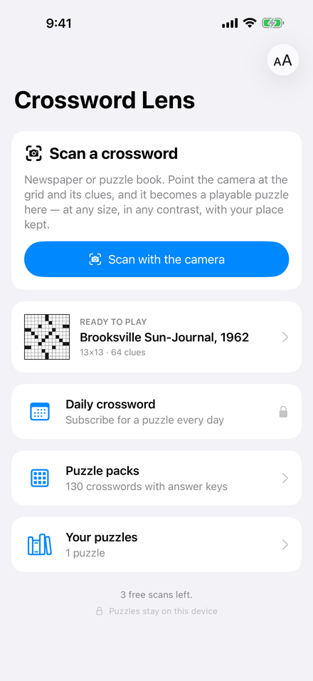 Crossword Lens: Scans, the daily and puzzle packs in one place.